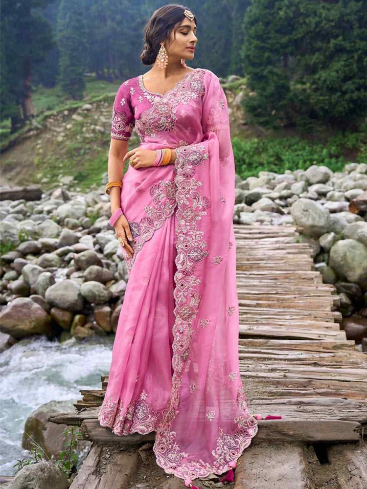 Pink Silk Embroidery Party Reception Heavy Border Saree