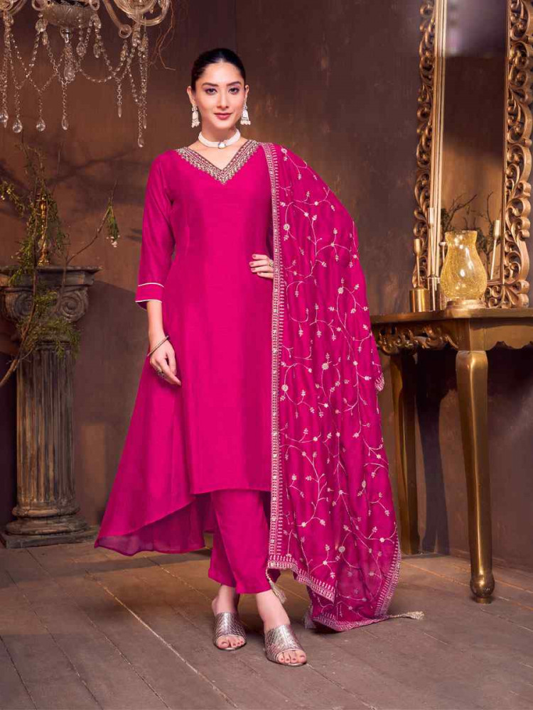 Image of Pink Silk Embroidery Party Wedding Festival Casual Ready Anarkali Salwar Kameez