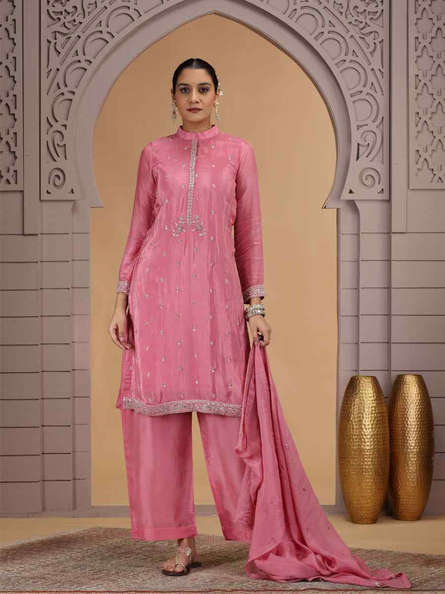 Pink Silk Embroidery Party Wedding Festival Casual Ready Farsi Pant Salwar Kameez