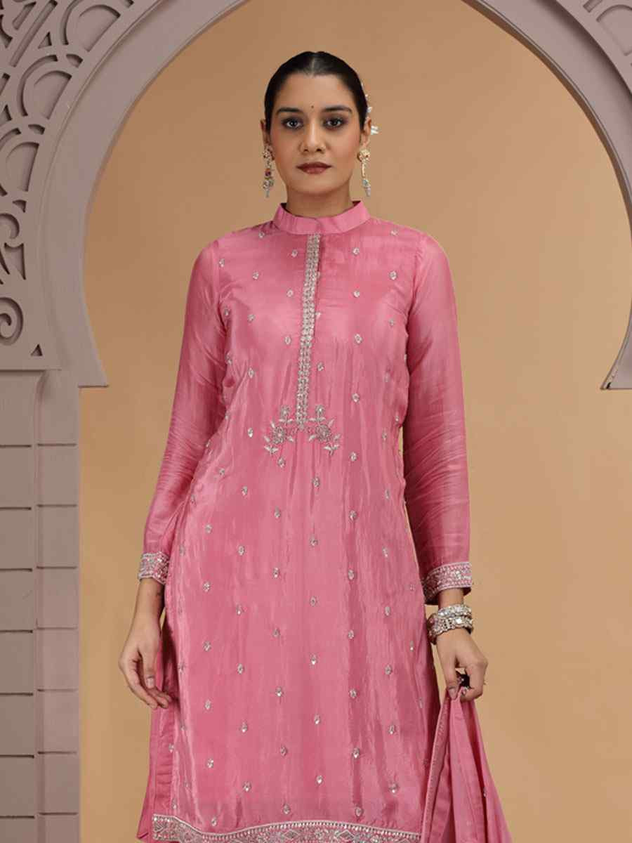 Pink Silk Embroidery Party Wedding Festival Casual Ready Farsi Pant Salwar Kameez