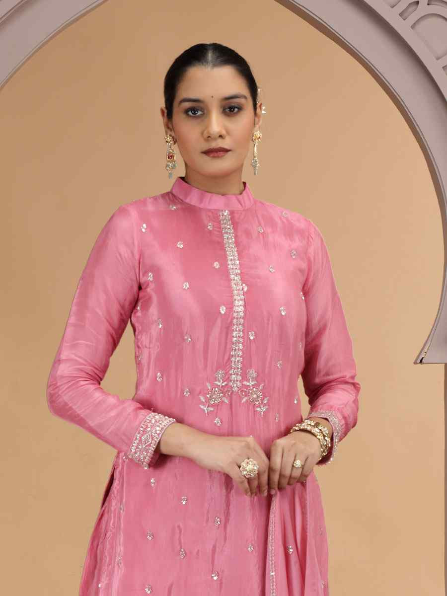 Pink Silk Embroidery Party Wedding Festival Casual Ready Farsi Pant Salwar Kameez