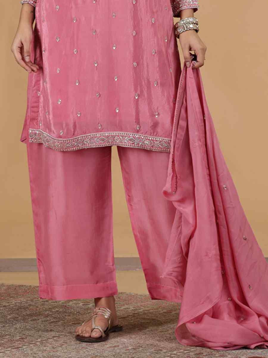 Pink Silk Embroidery Party Wedding Festival Casual Ready Farsi Pant Salwar Kameez
