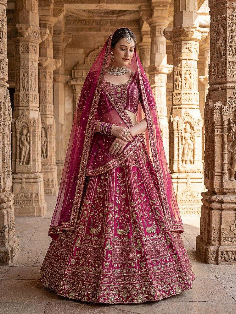 Image of Pink Silk Embroidery Sequins Zari Wedding Reception Party Bridal Heavy Border Lehenga Choli