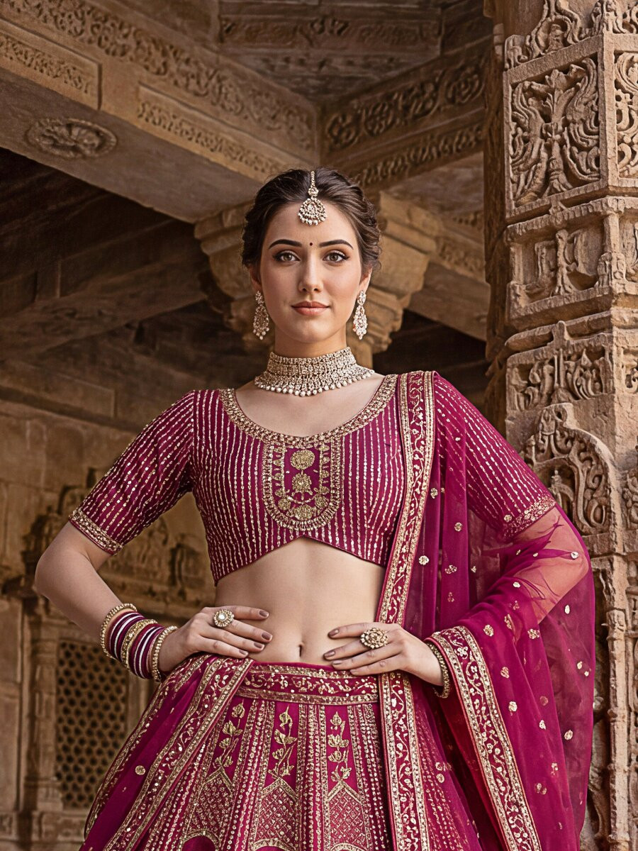 Pink Silk Embroidery Sequins Zari Wedding Reception Party Bridal Heavy Border Lehenga Choli