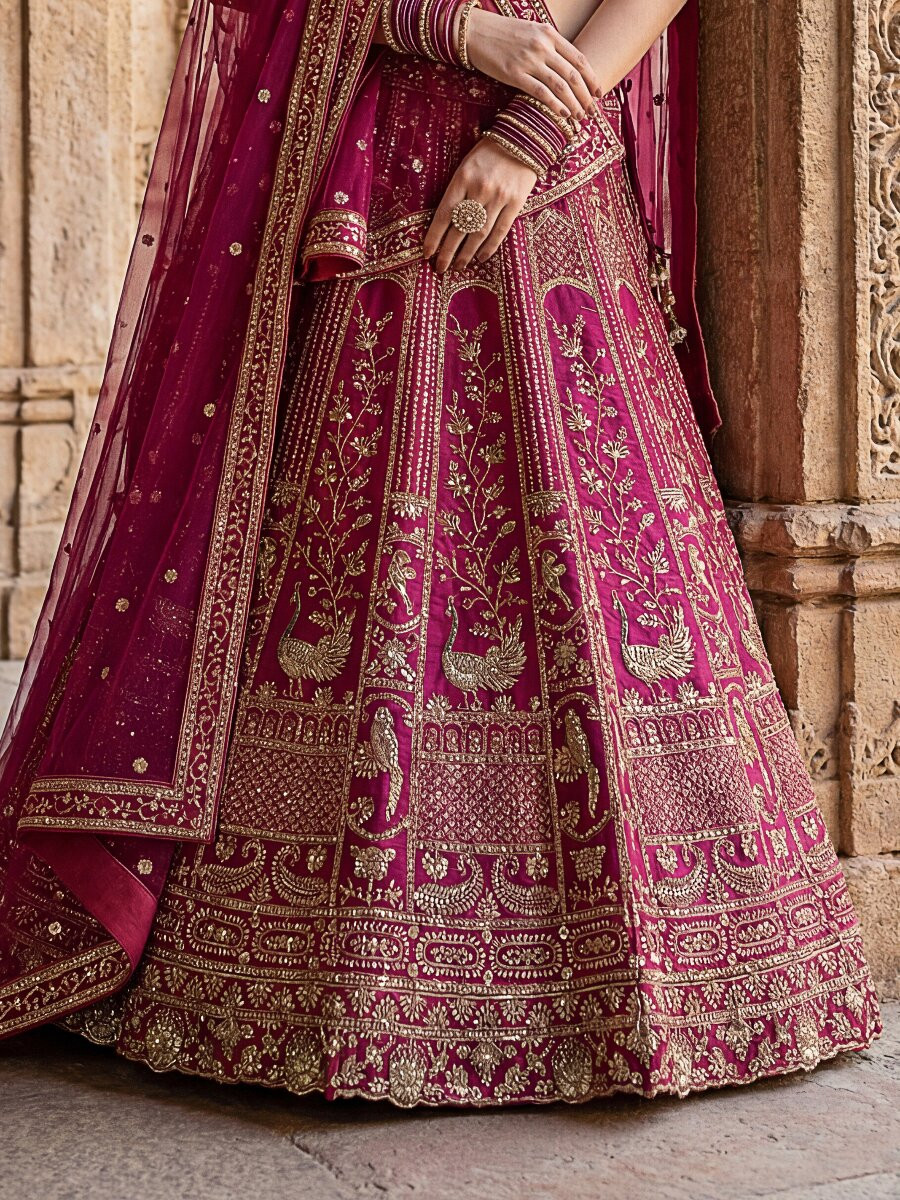 Pink Silk Embroidery Sequins Zari Wedding Reception Party Bridal Heavy Border Lehenga Choli