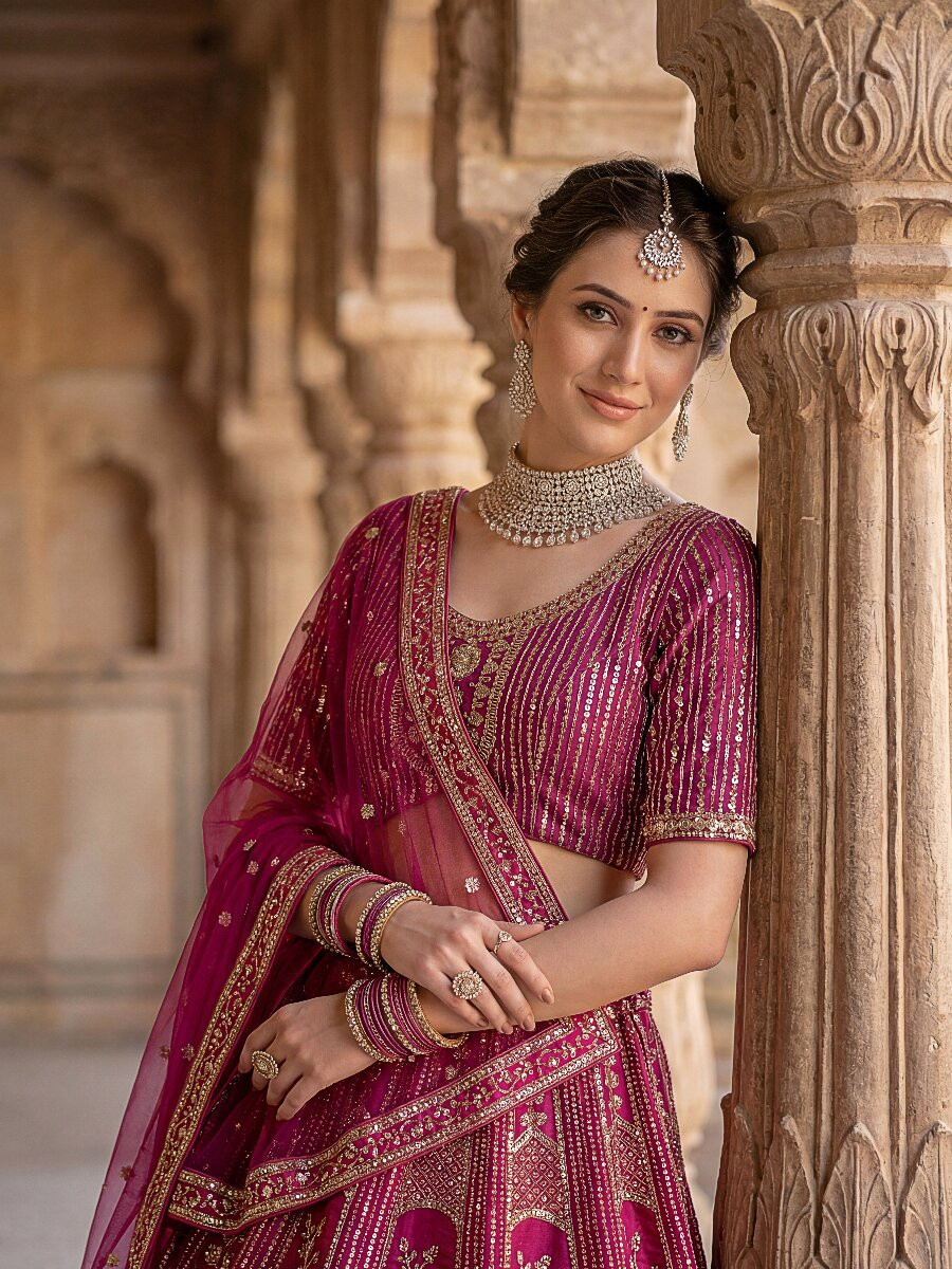 Pink Silk Embroidery Sequins Zari Wedding Reception Party Bridal Heavy Border Lehenga Choli