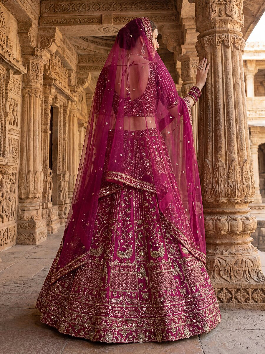 Pink Silk Embroidery Sequins Zari Wedding Reception Party Bridal Heavy Border Lehenga Choli