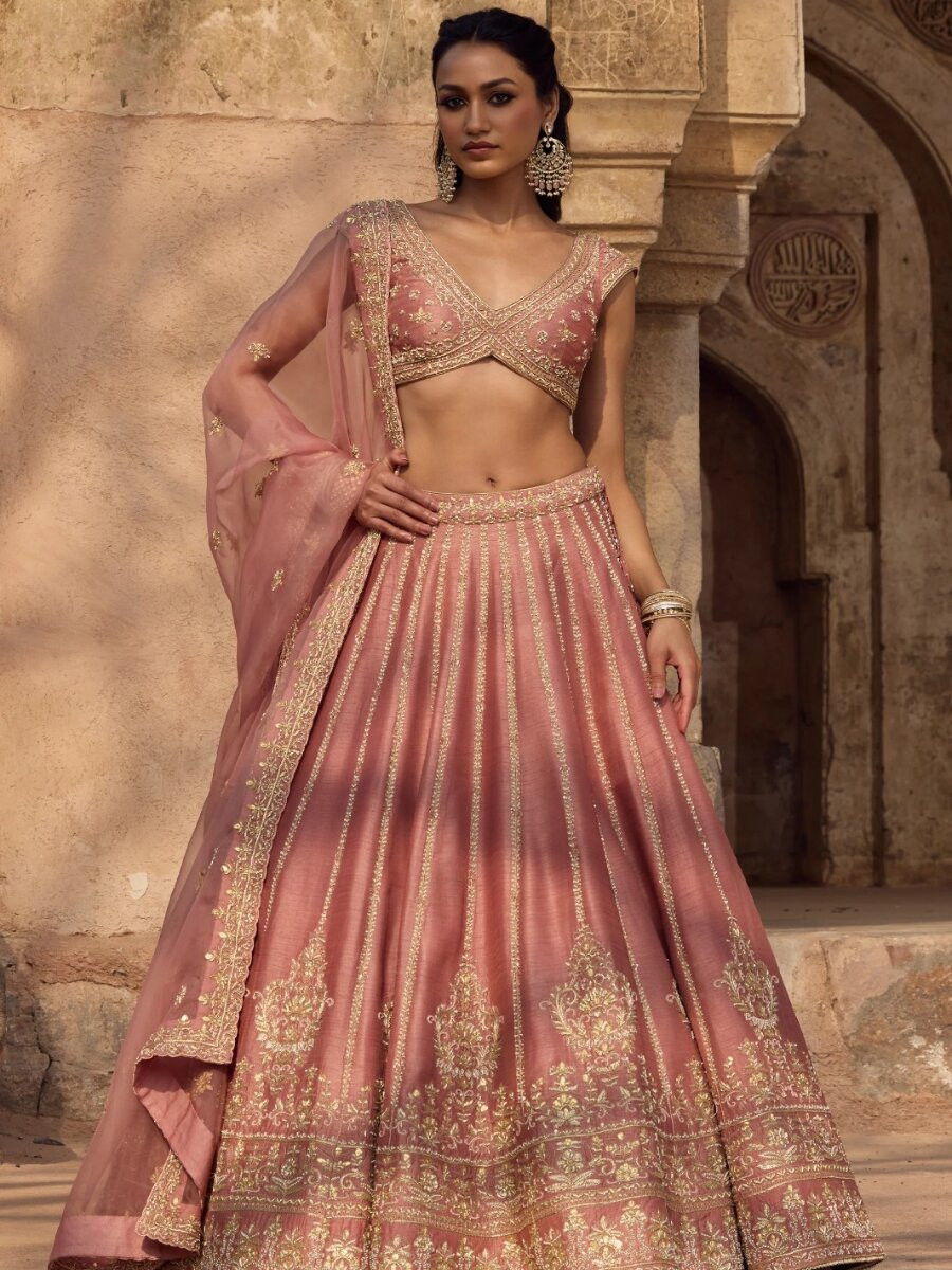 Pink Silk Embroidery Sequins Zari Wedding Reception Party Festival Heavy Border Lehenga Choli