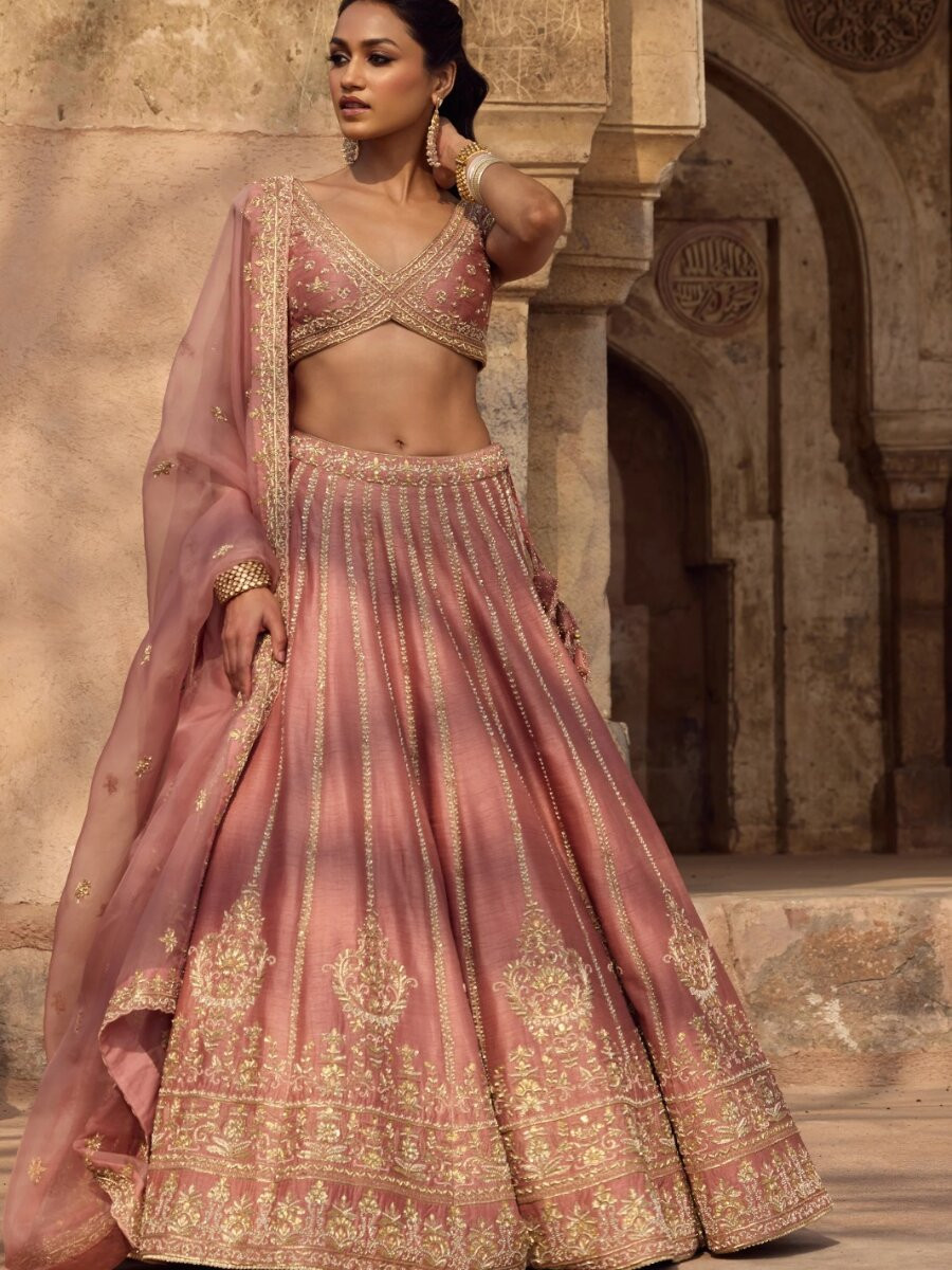 Pink Silk Embroidery Sequins Zari Wedding Reception Party Festival Heavy Border Lehenga Choli