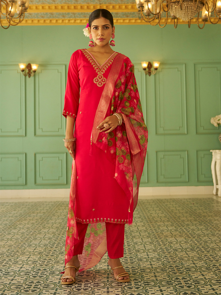 Pink Silk Embroidery Stone Printed Dupatta Party Wedding Festival Casual Ready Pant Salwar Kameez