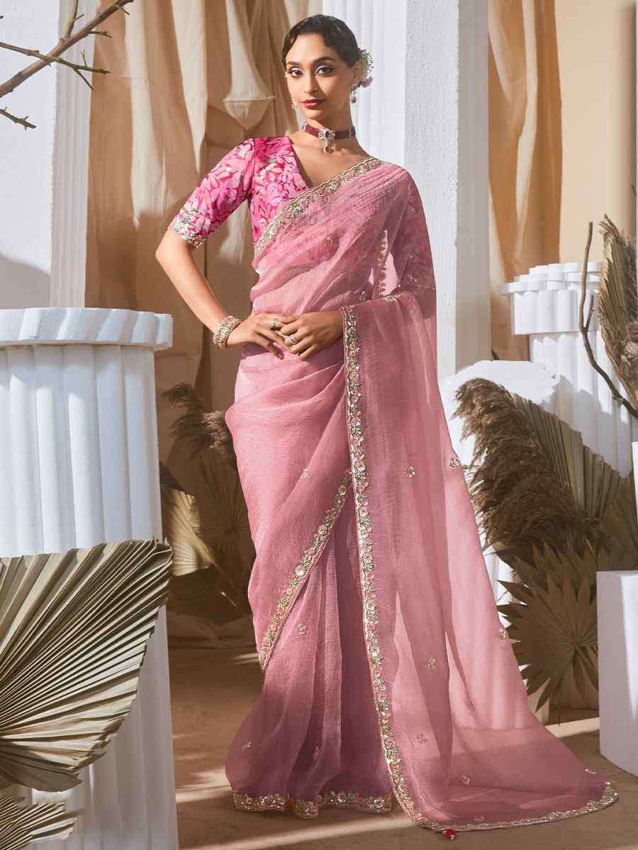 Pink Silk Embroidery Traditional Bridal Reception Festival Wedding Fancy Heavy Border Saree