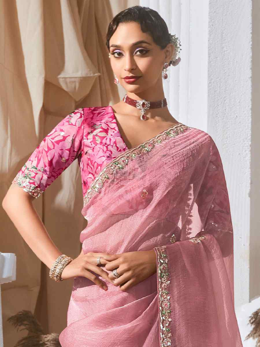 Pink Silk Embroidery Traditional Bridal Reception Festival Wedding Fancy Heavy Border Saree