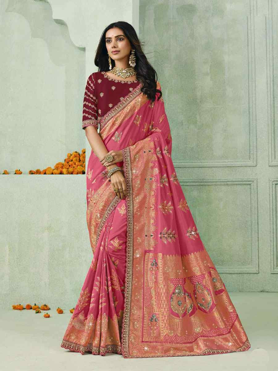 Pink Silk Embroidery Traditional Bridal Reception Festival Wedding Fancy Heavy Border Saree