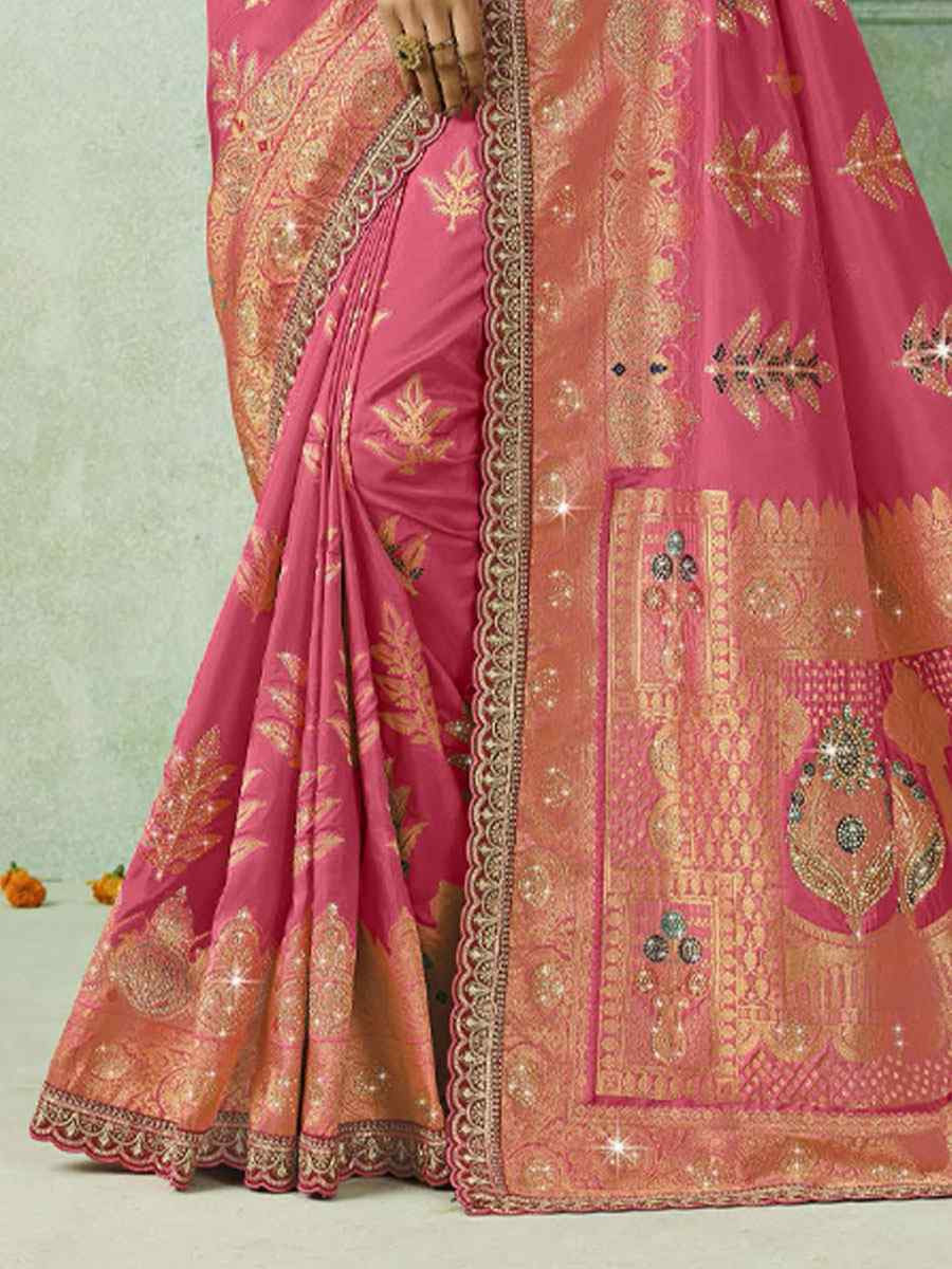 Pink Silk Embroidery Traditional Bridal Reception Festival Wedding Fancy Heavy Border Saree