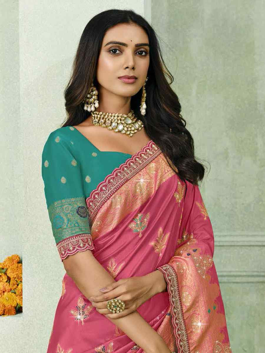 Pink Silk Embroidery Traditional Bridal Reception Festival Wedding Fancy Heavy Border Saree