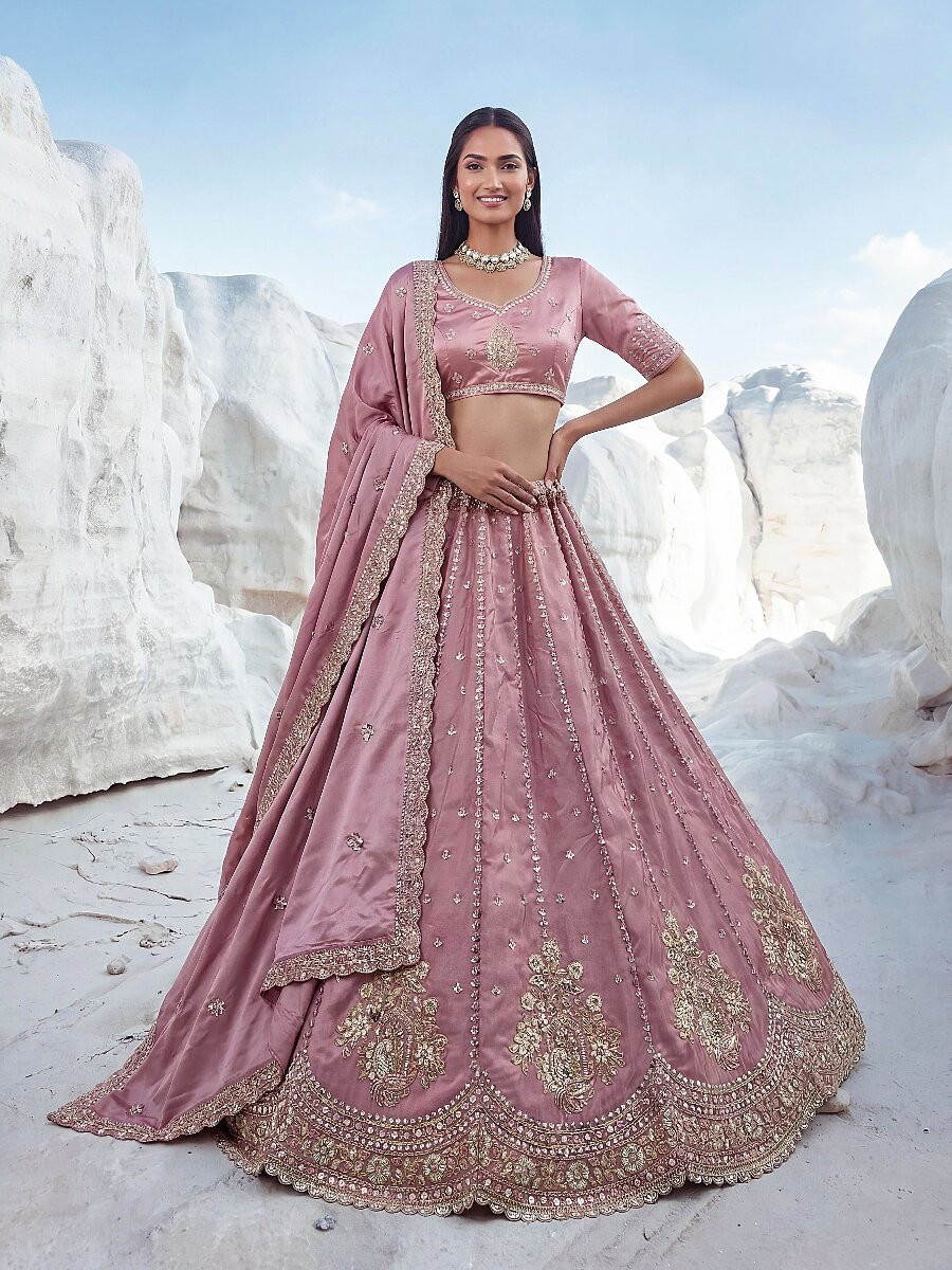 Pink Silk Embroidery Zari Sequins Wedding Reception Party Festival Heavy Border Lehenga Choli