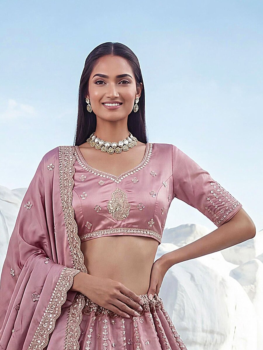 Pink Silk Embroidery Zari Sequins Wedding Reception Party Festival Heavy Border Lehenga Choli