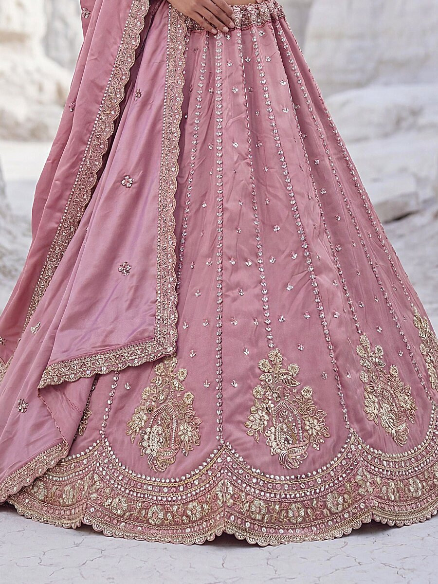 Pink Silk Embroidery Zari Sequins Wedding Reception Party Festival Heavy Border Lehenga Choli