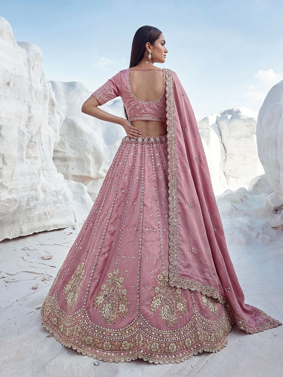 Pink Silk Embroidery Zari Sequins Wedding Reception Party Festival Heavy Border Lehenga Choli