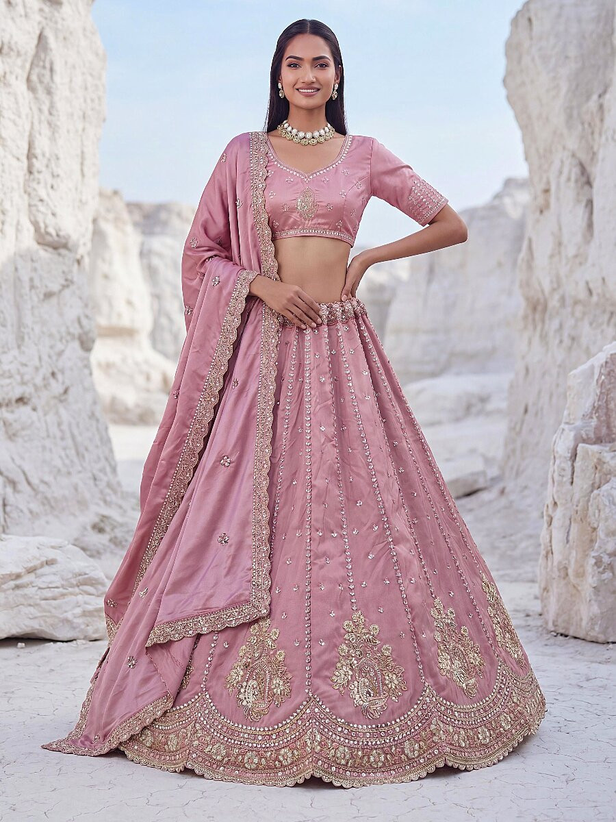 Pink Silk Embroidery Zari Sequins Wedding Reception Party Festival Heavy Border Lehenga Choli