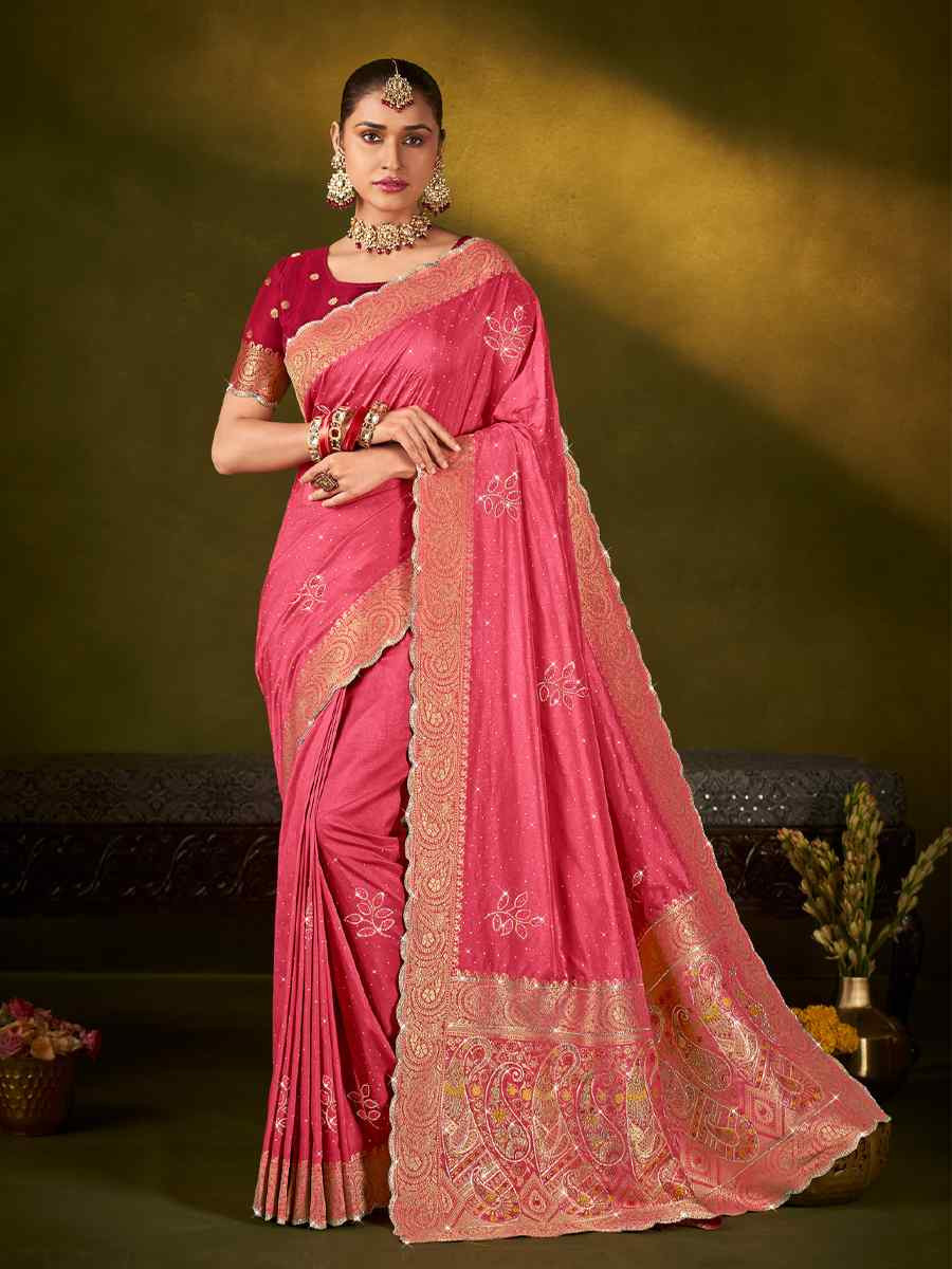 Pink Silk Handwoven Bridal Reception Festival Wedding Fancy Heavy Border Saree