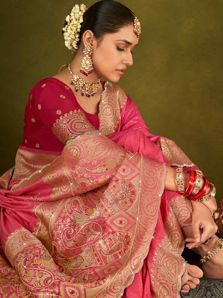 Pink Silk Handwoven Bridal Reception Festival Wedding Fancy Heavy Border Saree