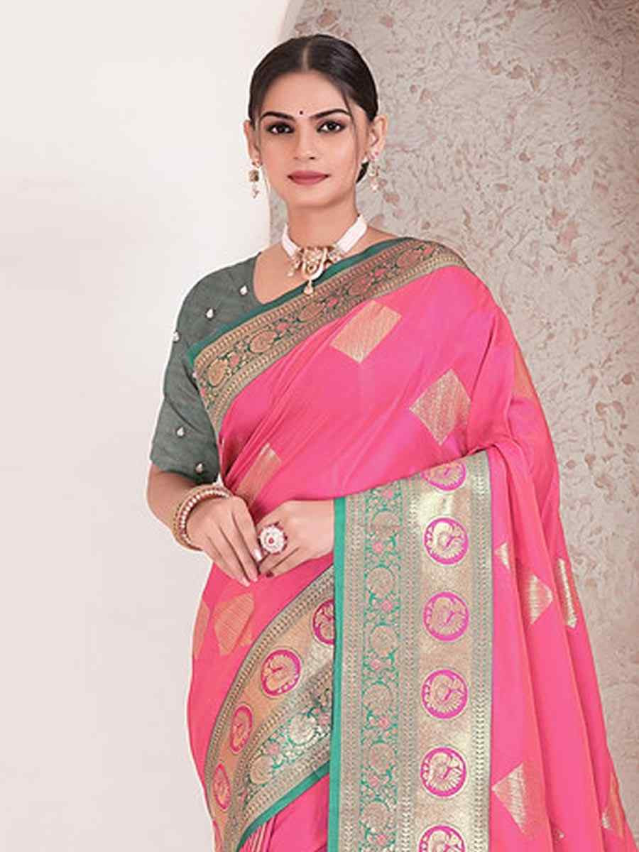 Pink Silk Handwoven Festival Wedding Fancy Heavy Border Saree