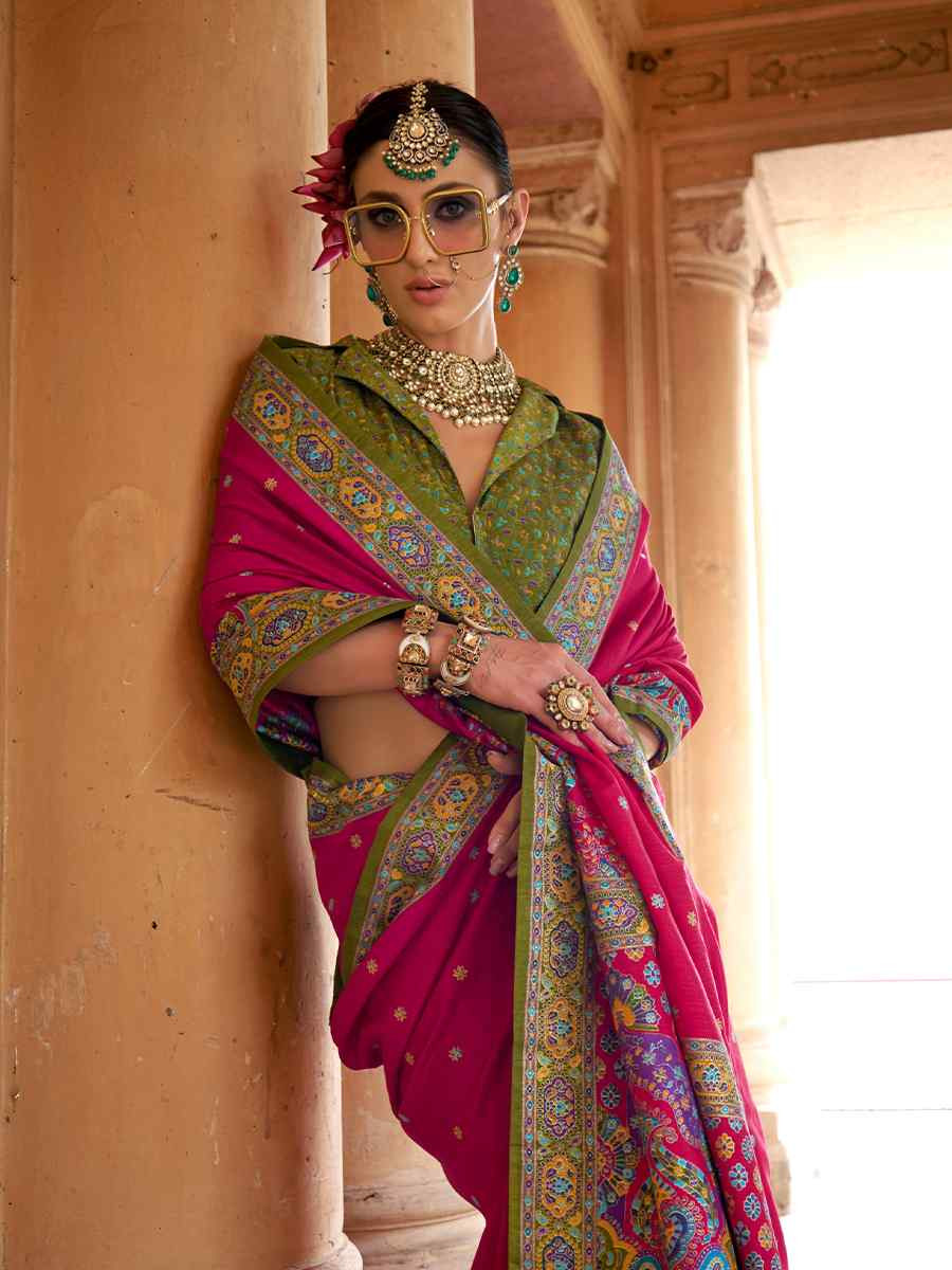 Pink Silk Handwoven Festival Wedding Fancy Heavy Border Saree