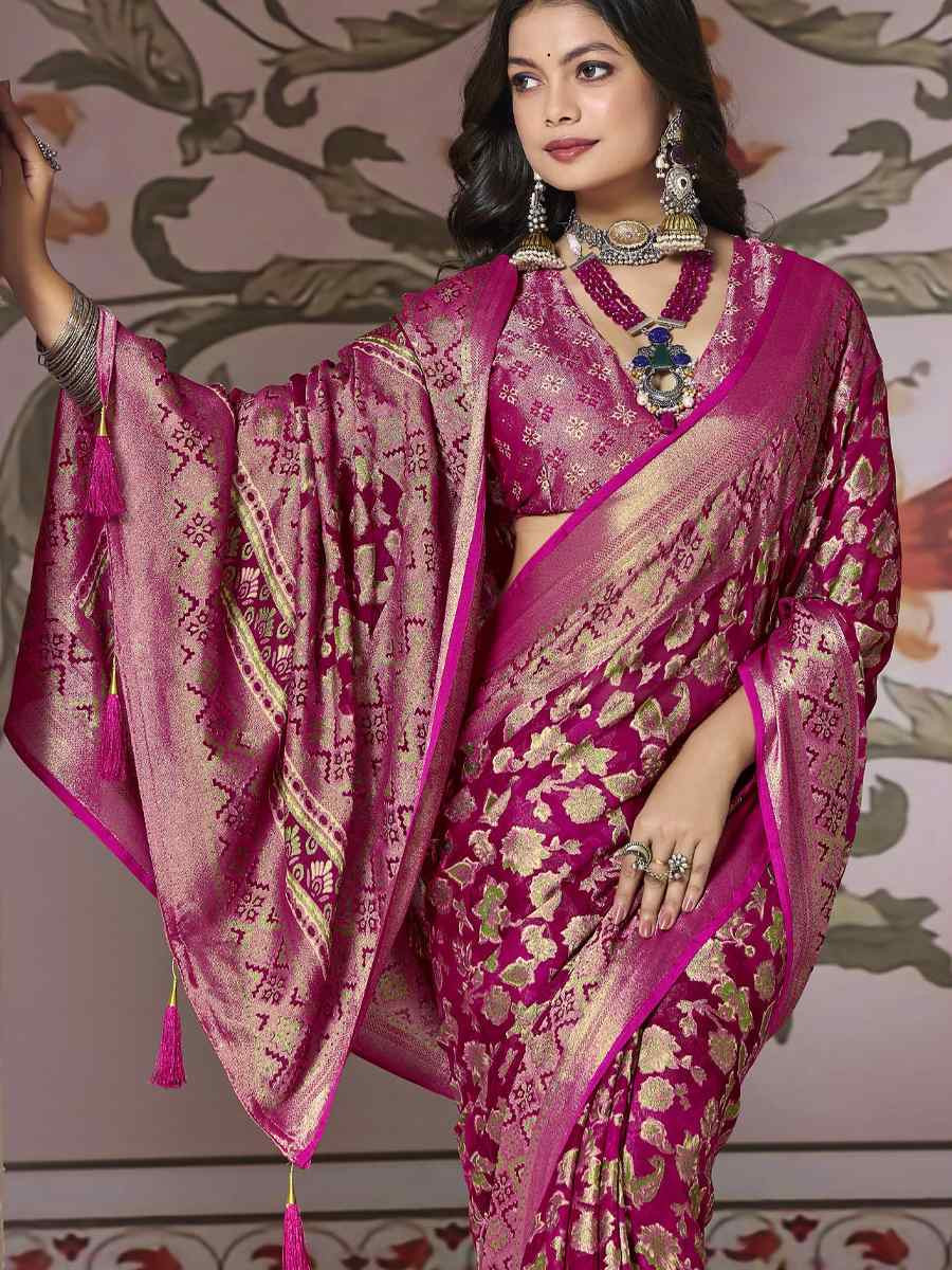 Pink Silk Handwoven Festival Wedding Fancy Heavy Border Saree