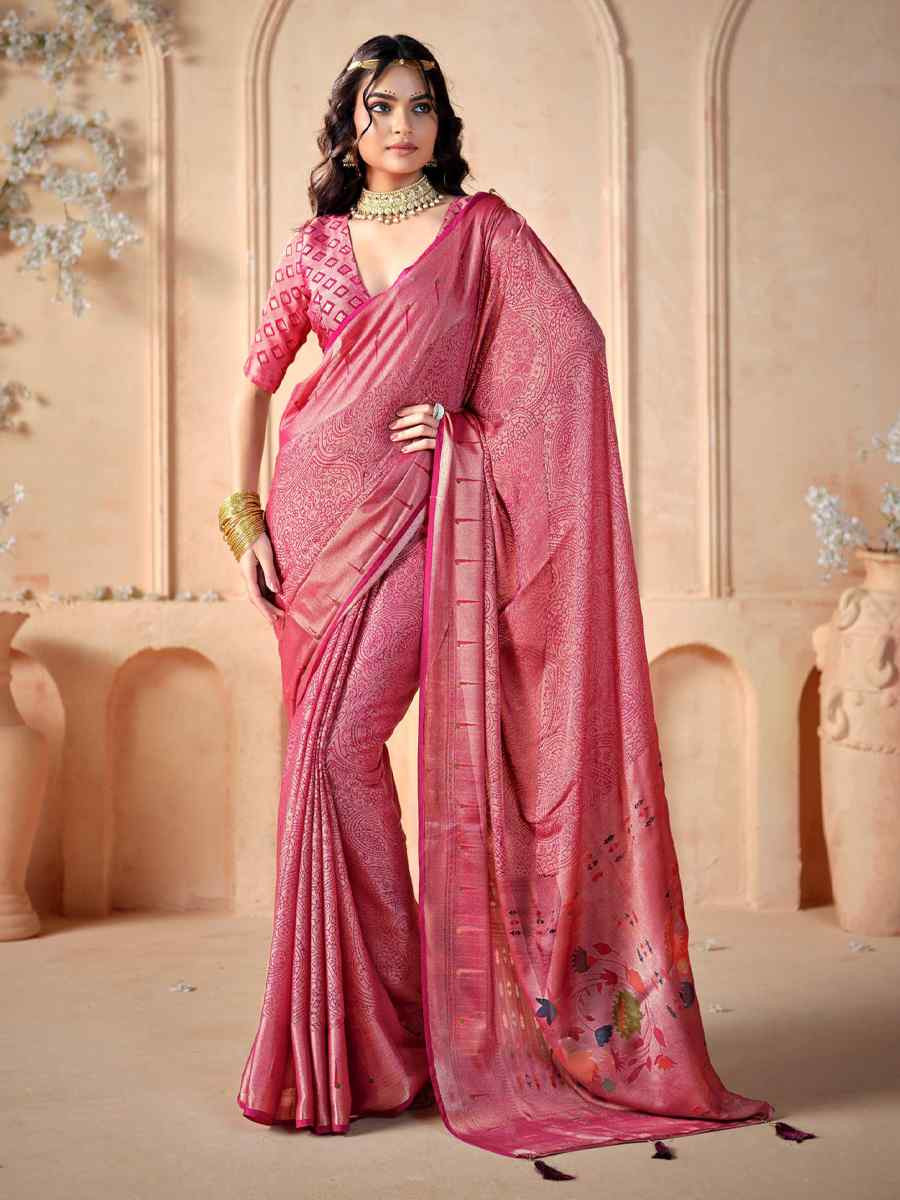 Pink Silk Handwoven Festival Wedding Fancy Heavy Border Saree