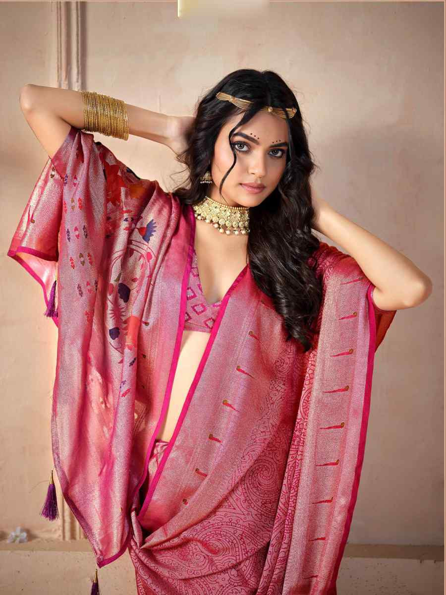 Pink Silk Handwoven Festival Wedding Fancy Heavy Border Saree