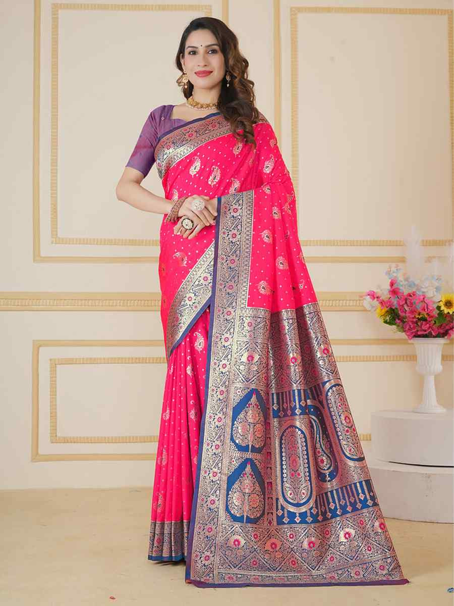 Pink Silk Handwoven Festival Wedding Fancy Heavy Border Saree