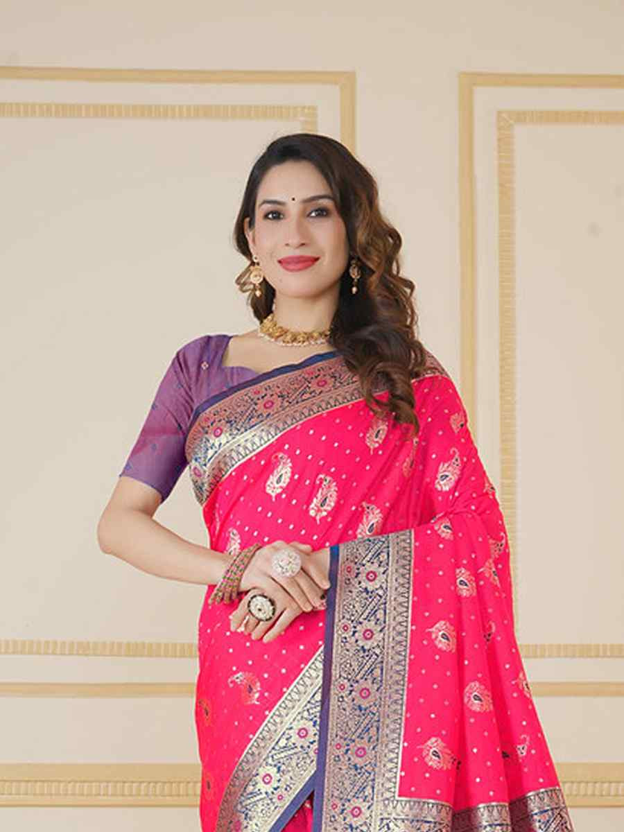 Pink Silk Handwoven Festival Wedding Fancy Heavy Border Saree