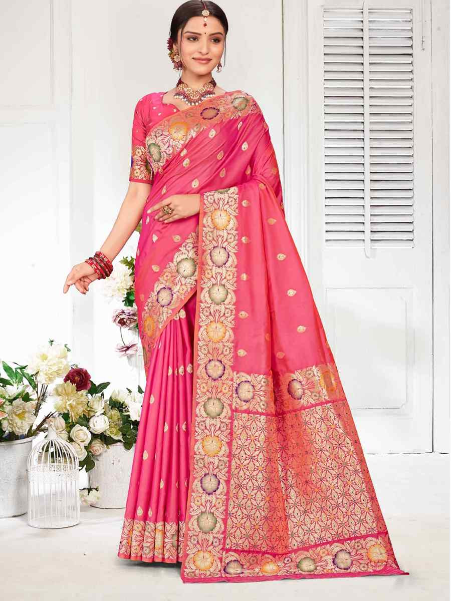 Pink Silk Handwoven Festival Wedding Fancy Heavy Border Saree