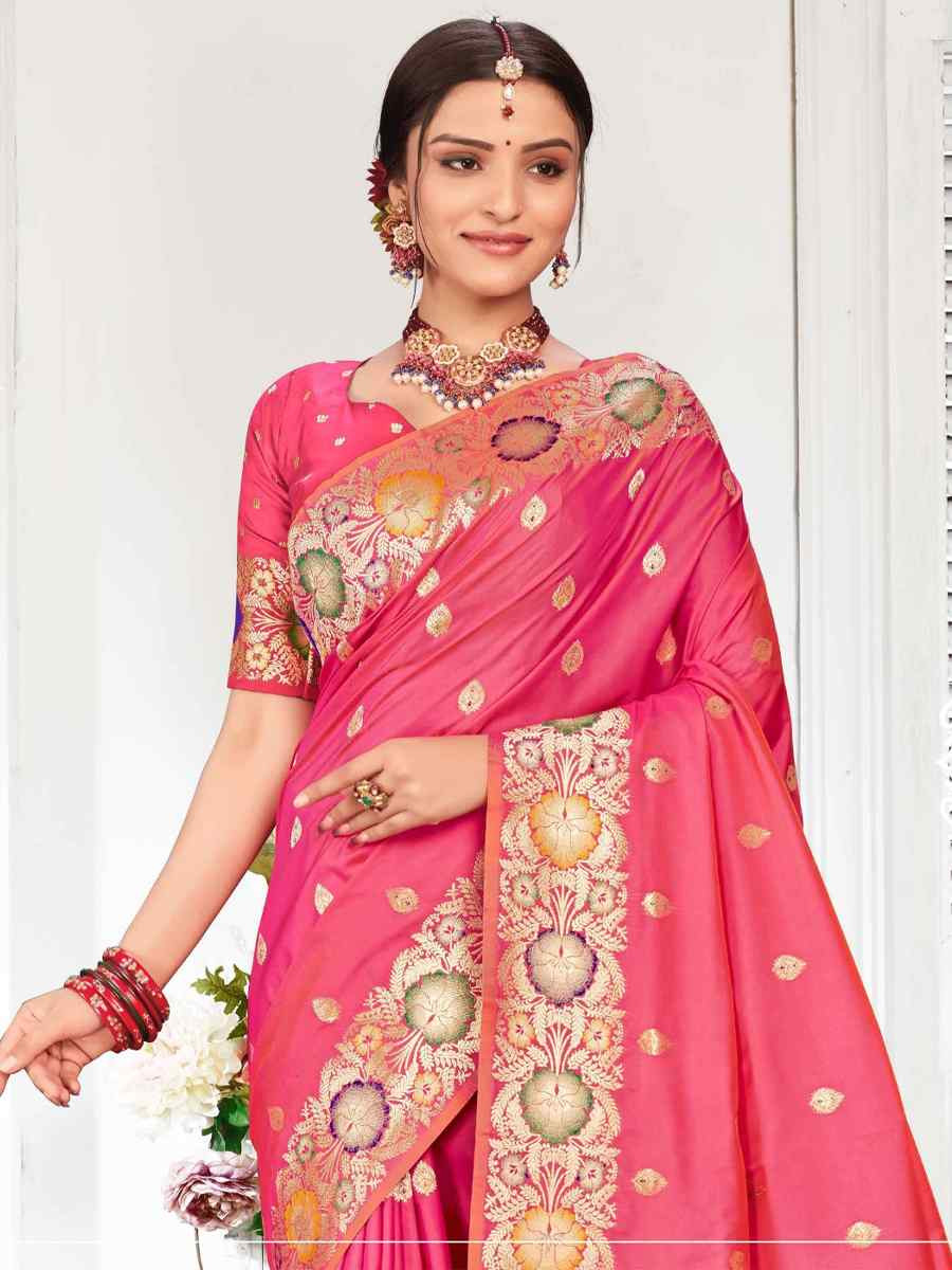 Pink Silk Handwoven Festival Wedding Fancy Heavy Border Saree
