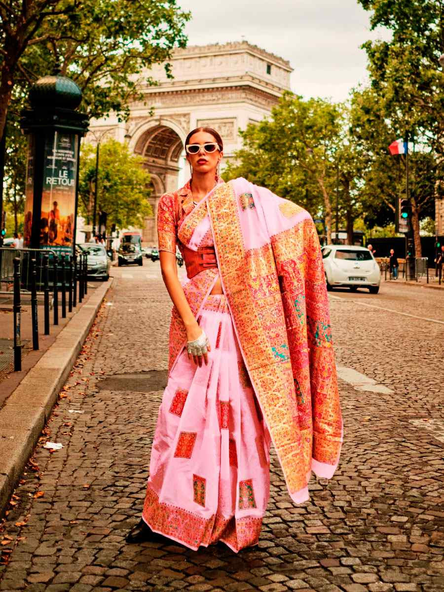 Pink Silk Handwoven Traditional Bridal Reception Festival Wedding Fancy Heavy Border Saree