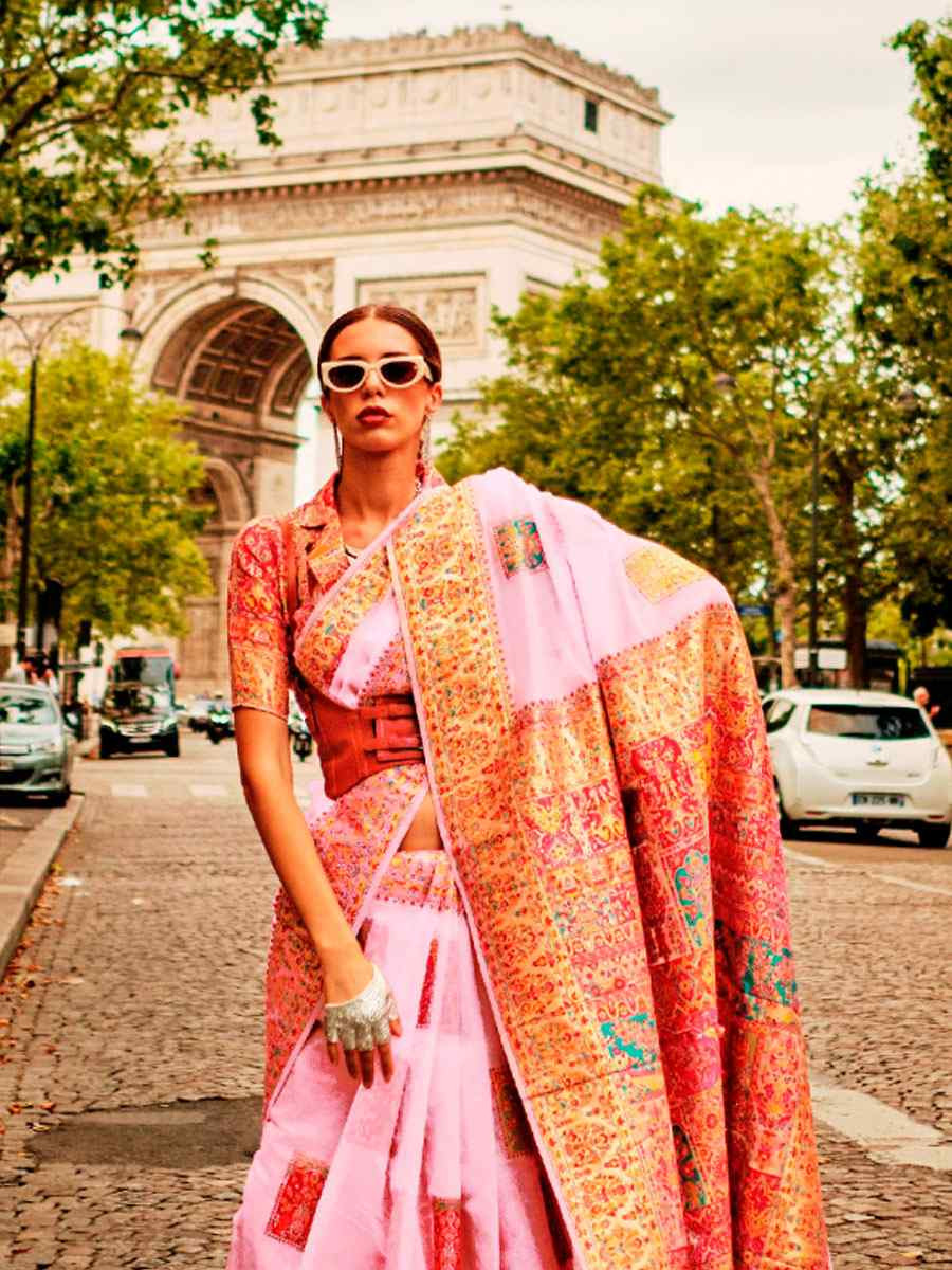 Pink Silk Handwoven Traditional Bridal Reception Festival Wedding Fancy Heavy Border Saree