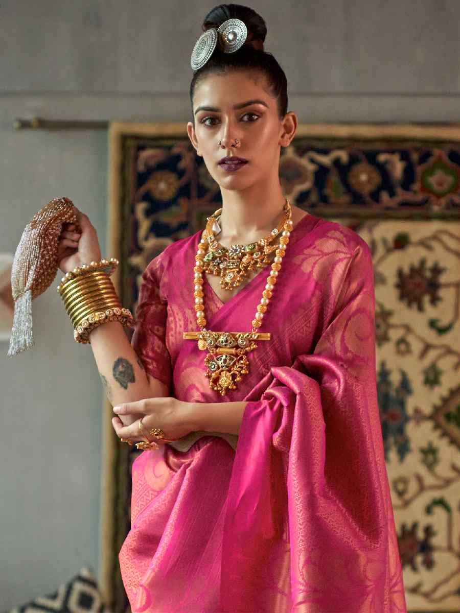 Pink Silk Handwoven Wedding Festival Heavy Border Saree