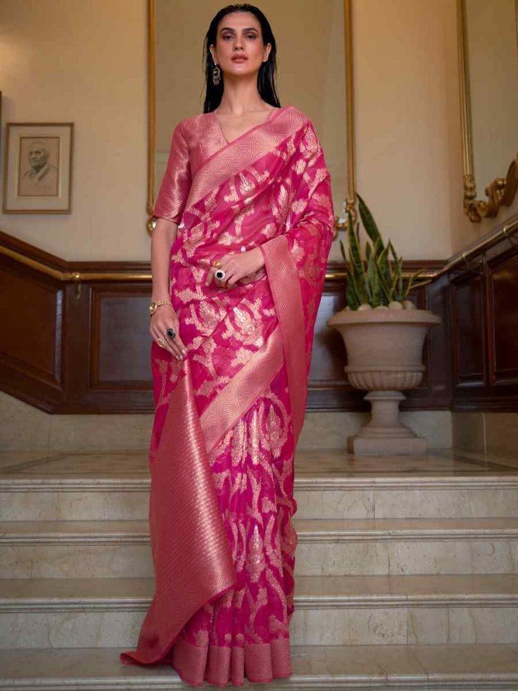 Pink Silk Handwoven Wedding Festival Heavy Border Saree