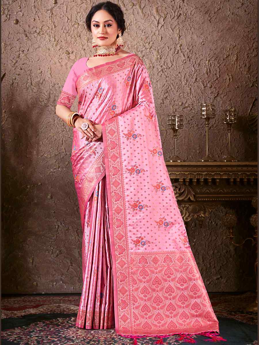 Pink Silk Handwoven Wedding Festival Heavy Border Saree
