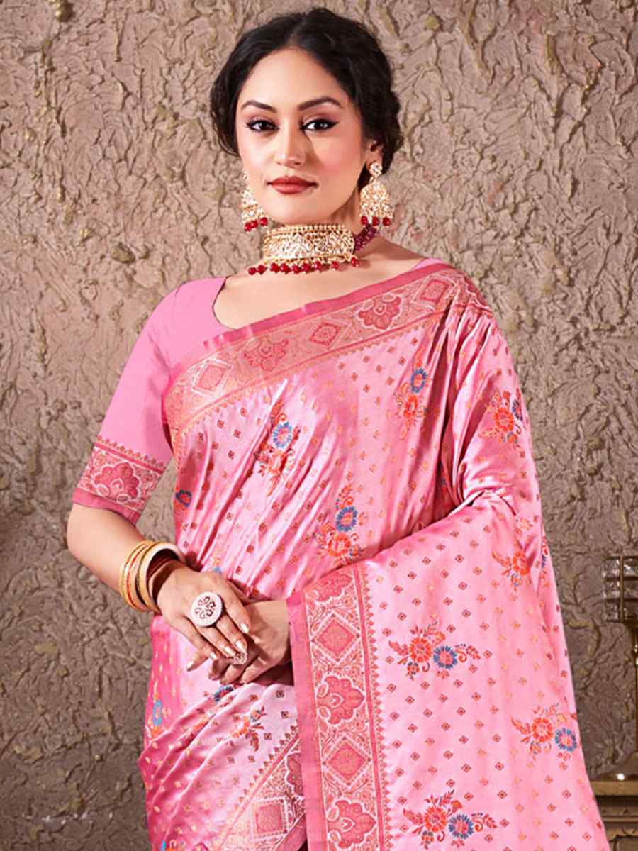Pink Silk Handwoven Wedding Festival Heavy Border Saree