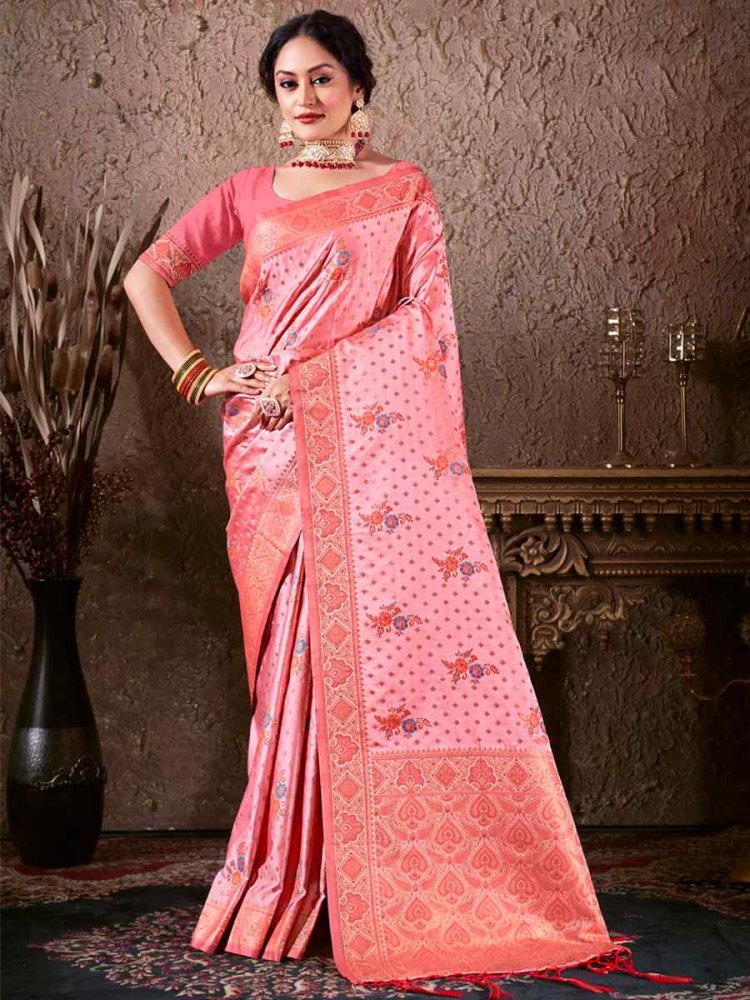 Pink Silk Handwoven Wedding Festival Heavy Border Saree