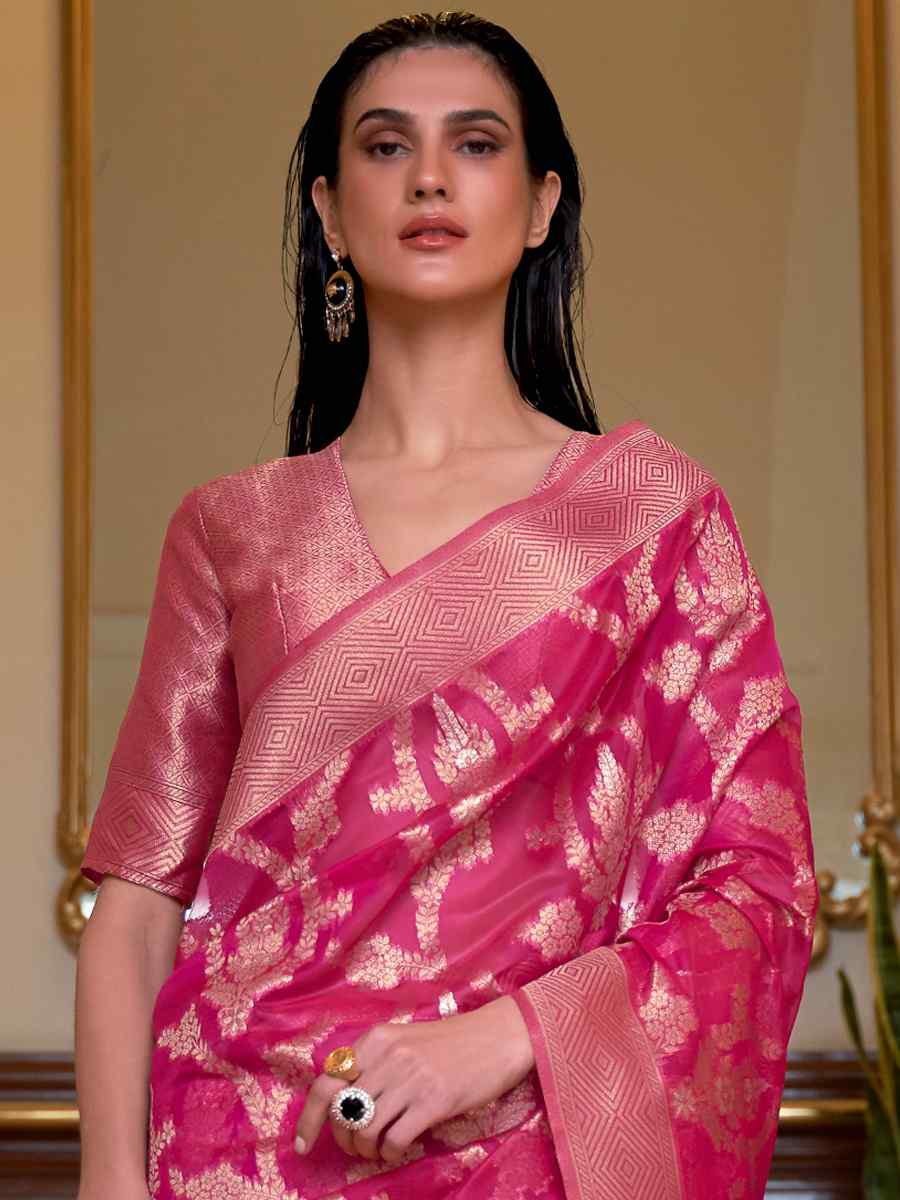 Pink Silk Handwoven Wedding Festival Heavy Border Saree