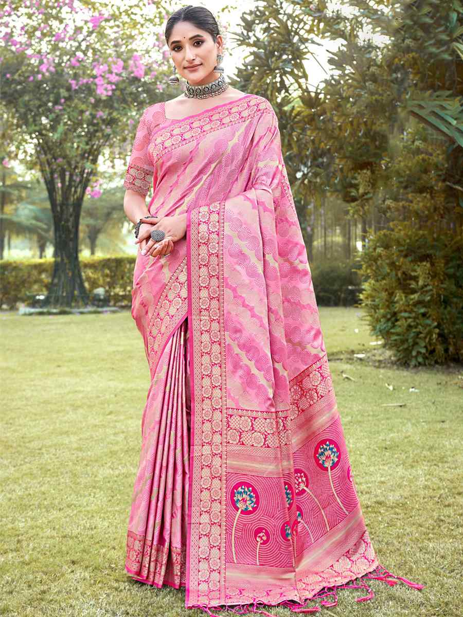 Pink Silk Handwoven Wedding Festival Heavy Border Saree