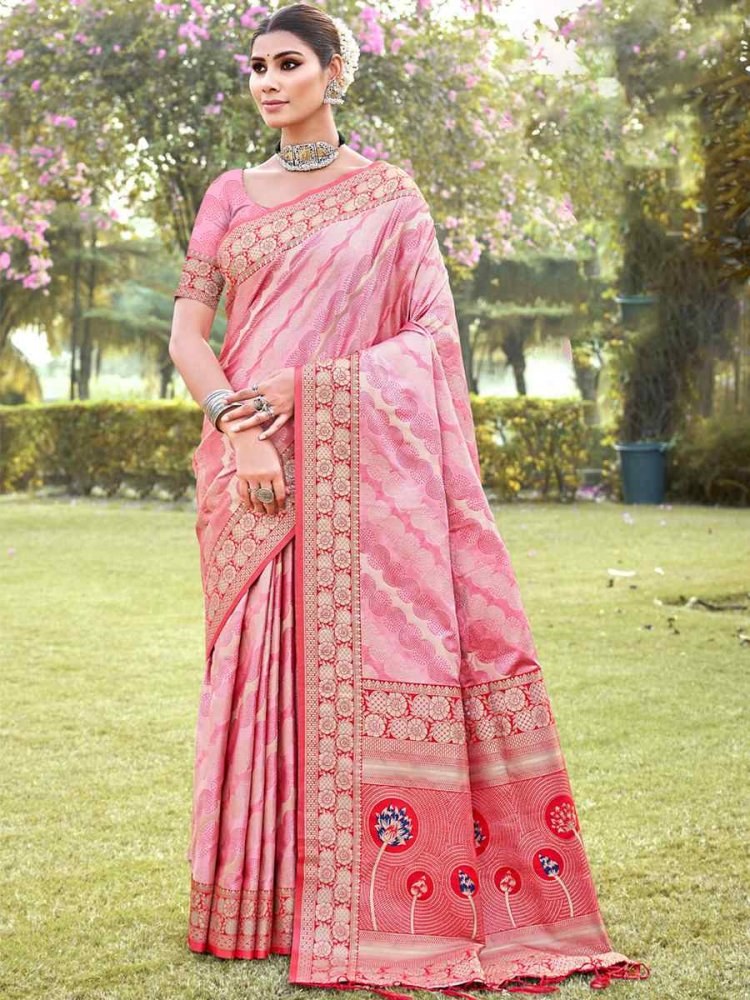 Pink Silk Handwoven Wedding Festival Heavy Border Saree