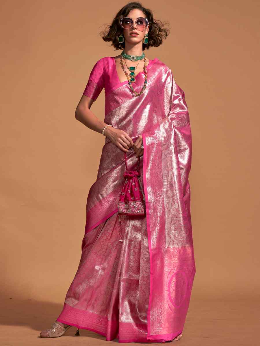 Pink Silk Handwoven Wedding Festival Heavy Border Saree