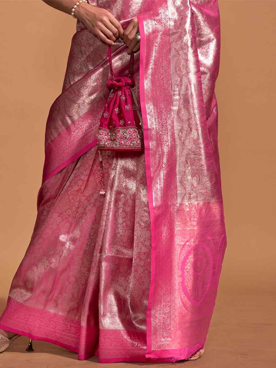 Pink Silk Handwoven Wedding Festival Heavy Border Saree