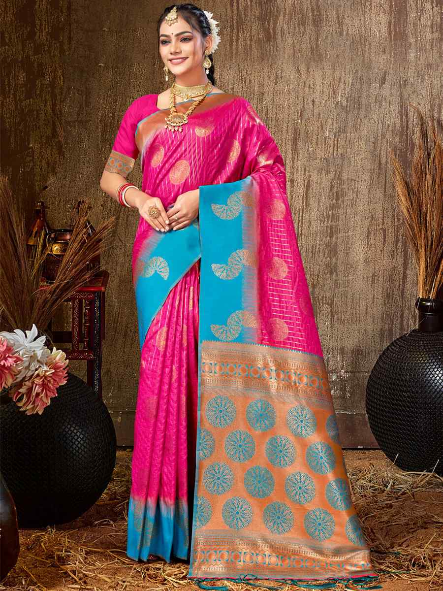 Pink Silk Handwoven Wedding Festival Heavy Border Saree