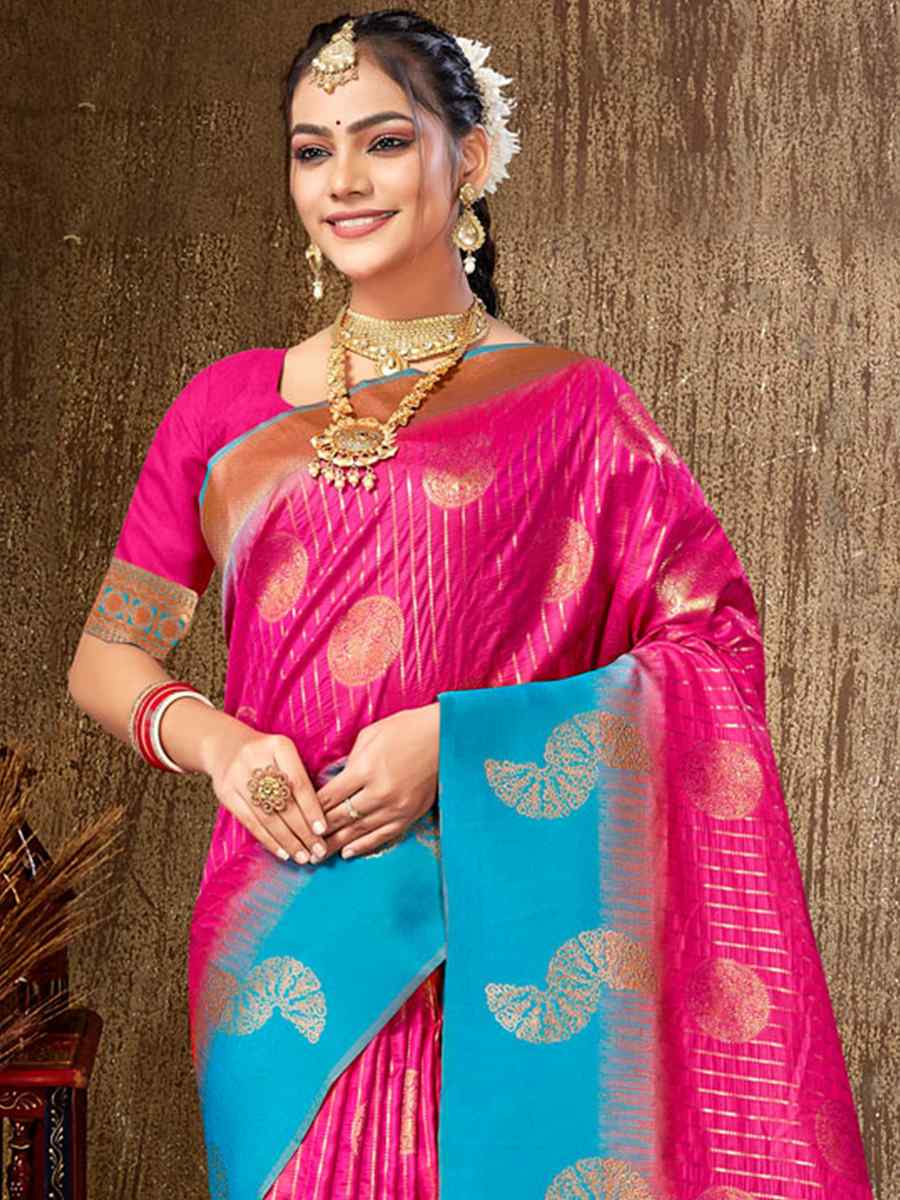 Pink Silk Handwoven Wedding Festival Heavy Border Saree