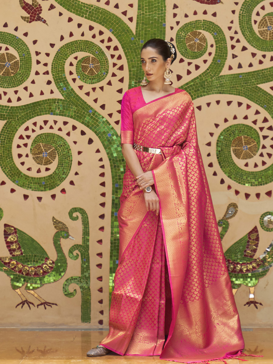 Pink Silk Handwoven Wedding Festival Heavy Border Saree